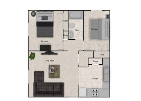 Floor plan for 2 beds, 1 bath, 770 sqft